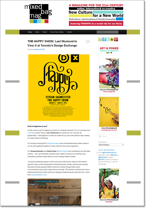 Screen capture of website with content in the middle reading The Happy Show with a background of yellow.